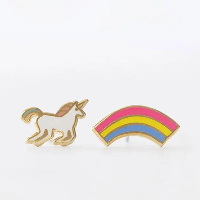 Unicorn and Rainbow Earrings - Gold Statement Studs Yellow Owl Workshop