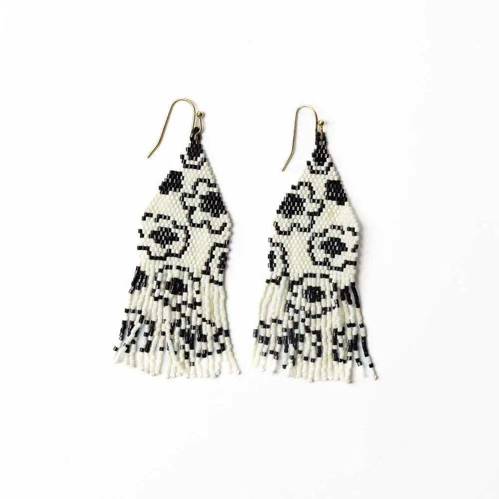Delilah Poppies Beaded Fringe Earrings Ivory/Black INK + ALLOY