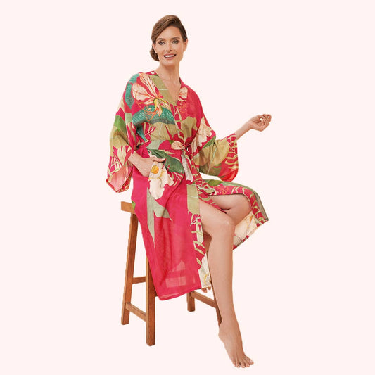 Tropical Kimono Gown in Dark Rose