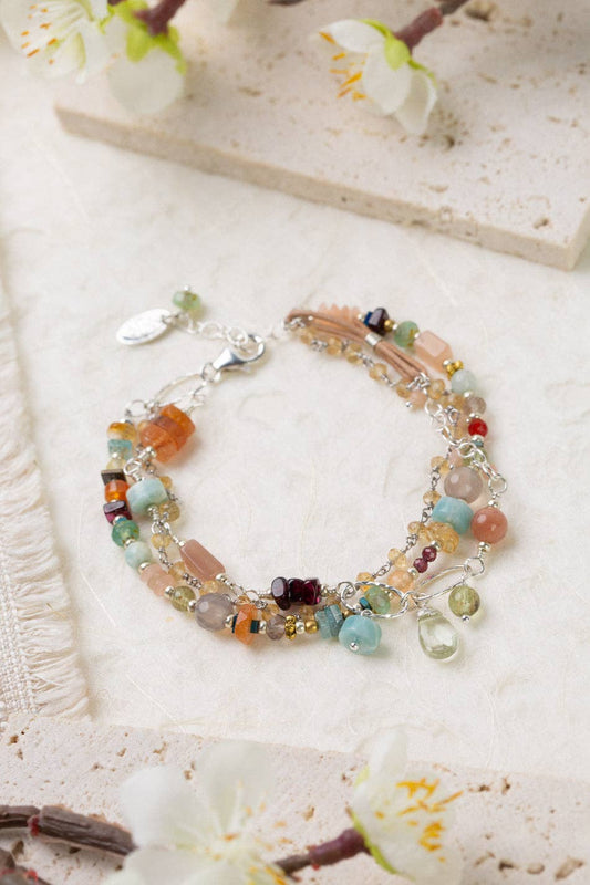 Gentle Breeze 7.5-8.5" Peach Moonstone, Carnelian, Apatite Multistrand Bracelet