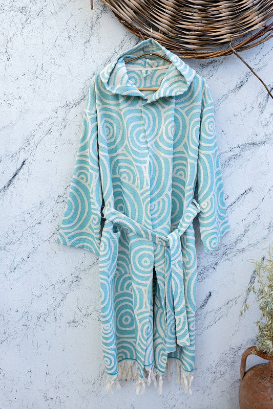 Circles Raised Terry Bathrobe Turkish Cotton Hood Kikoya