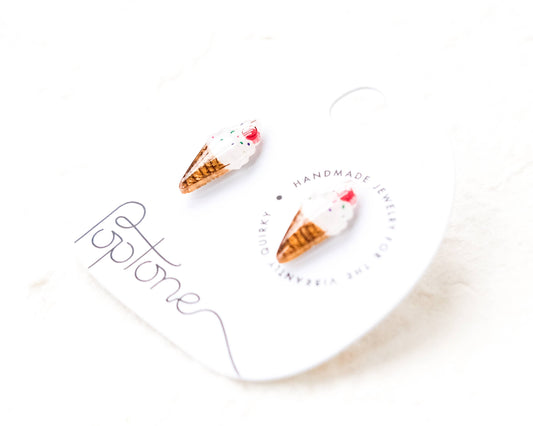 Ice Cream Cone Stud Earrings with Sprinkles and Cherries