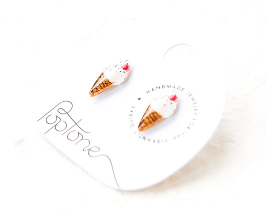 Ice Cream Cone Stud Earrings with Sprinkles and Cherries Poptone Co.