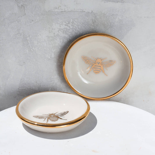 Gold Bee Ring Dish | Handmade Pottery Trinket Dish (white) Apricity Ceramics