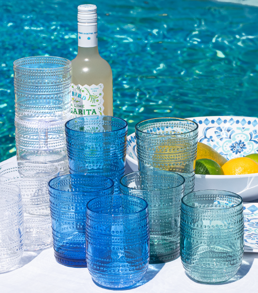 Beaded Stemless Shatterproof Premium Plastic Drinkware Set of 4 Clear, cobalt blue, or sea green Abode Homewares by TarHong