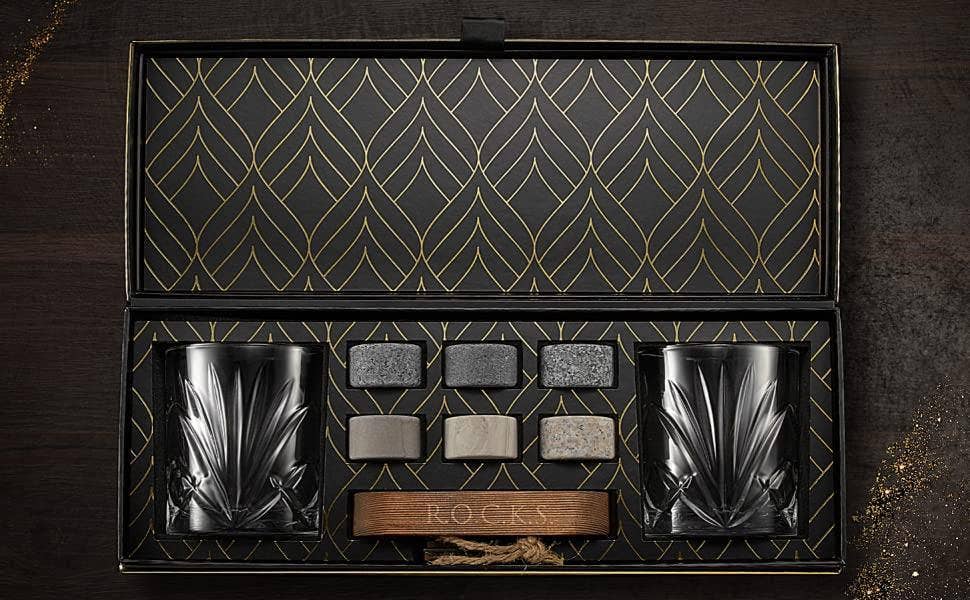 The Connoisseur's Set - Palm Whiskey Glass Edition ROCKS Whiskey Chilling Stones