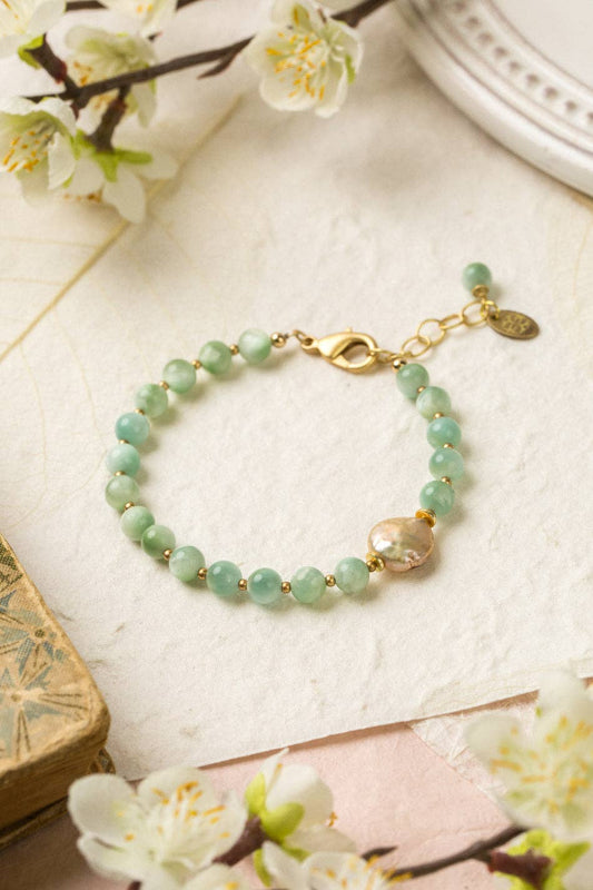Contentment 7.5-8.5 Green Aventurine, Pearl Simple Bracelet