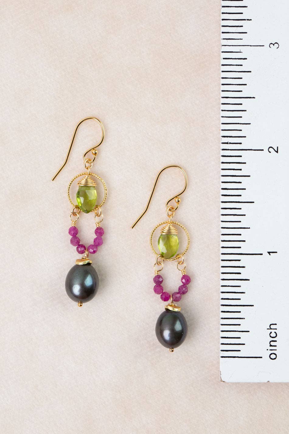Persephone Ruby, Freshwater Pearl, Peridot Dangle Earrings