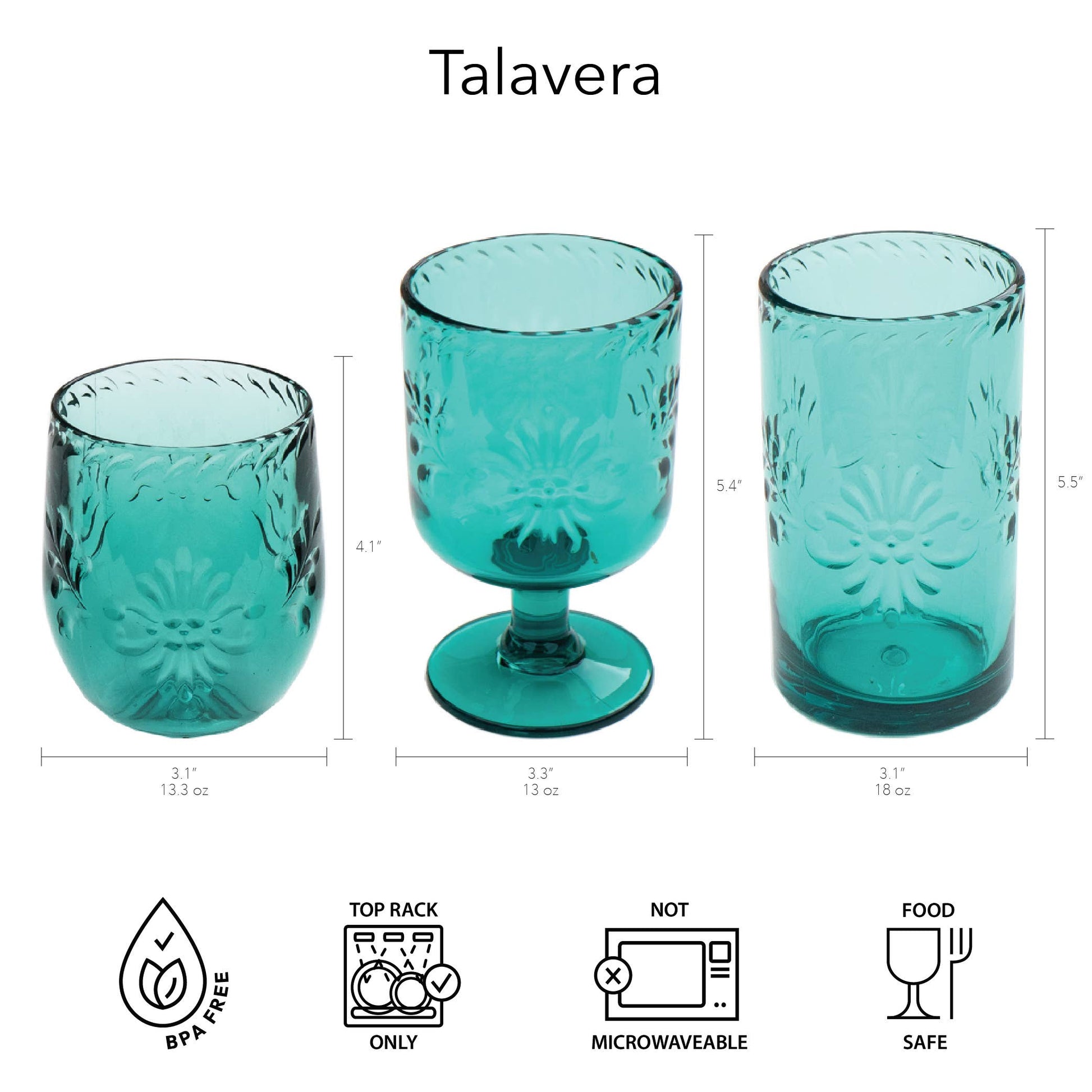 Talavera Tumbler, Teal, Shatterproof Plastic Drinkware Set of 4 Abode Homewares by TarHong