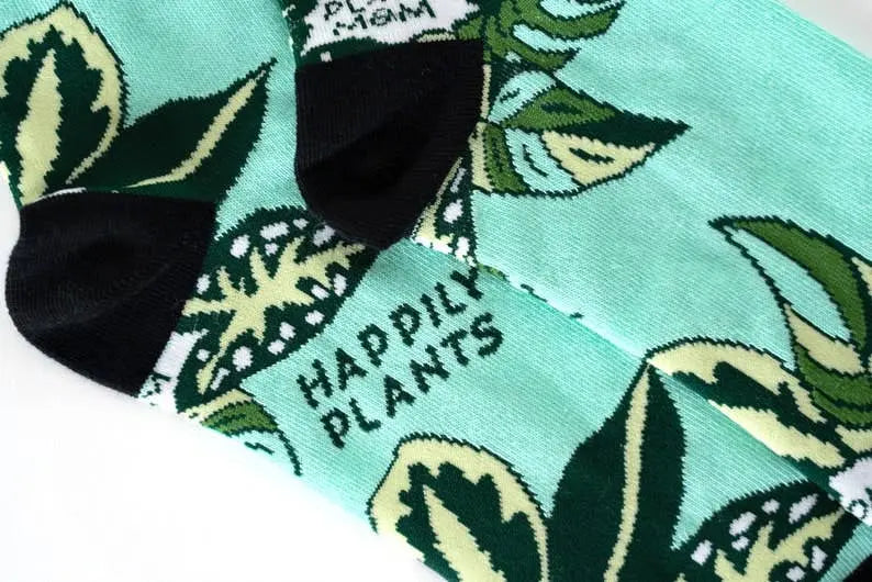 Teal Plant Mom Cotton Crew Socks, Plant Lover Happily Plants