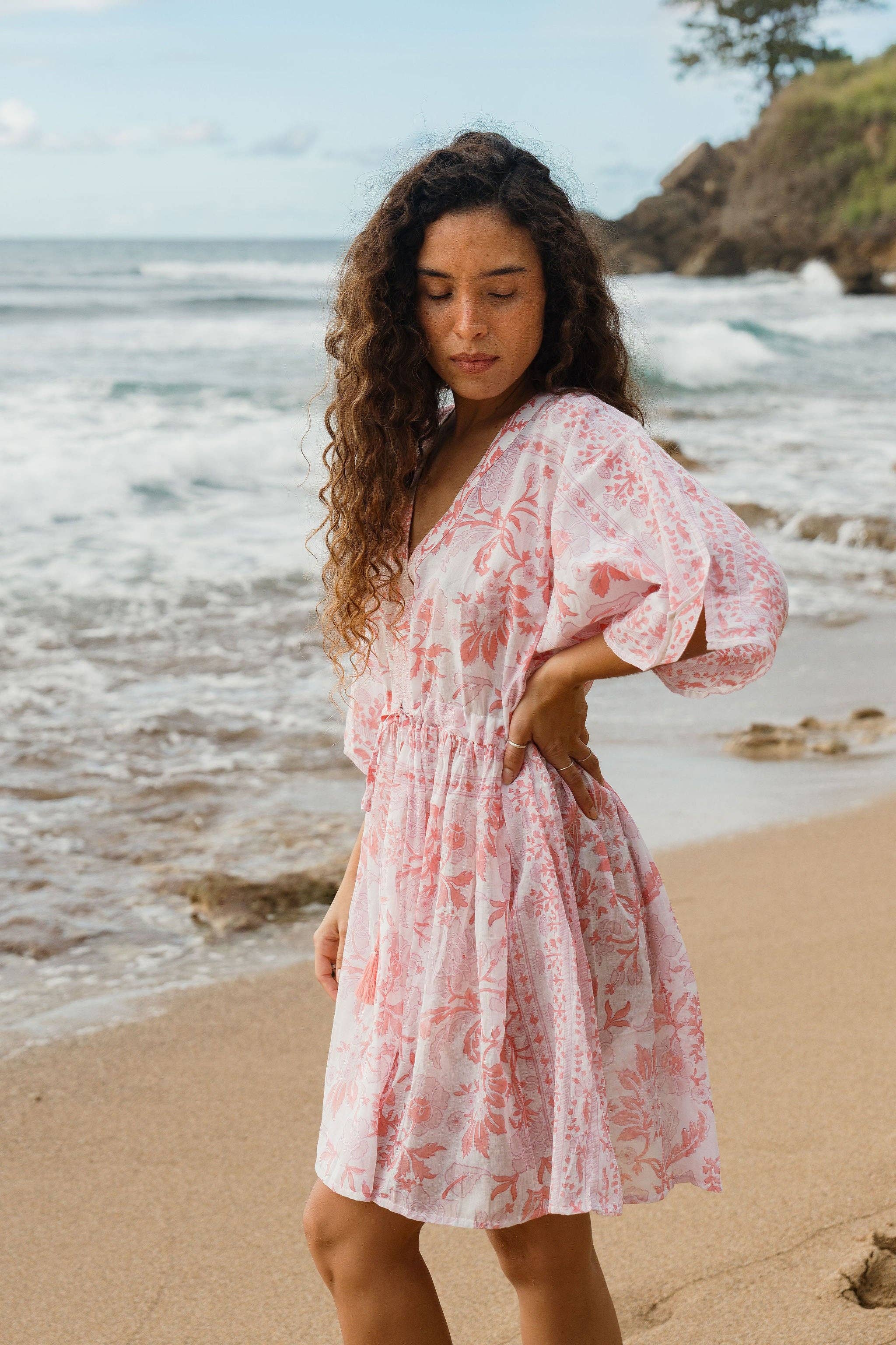 Isla Kaftan | Organic Cotton Beach Cover Up | Peach Petal Guava Lane