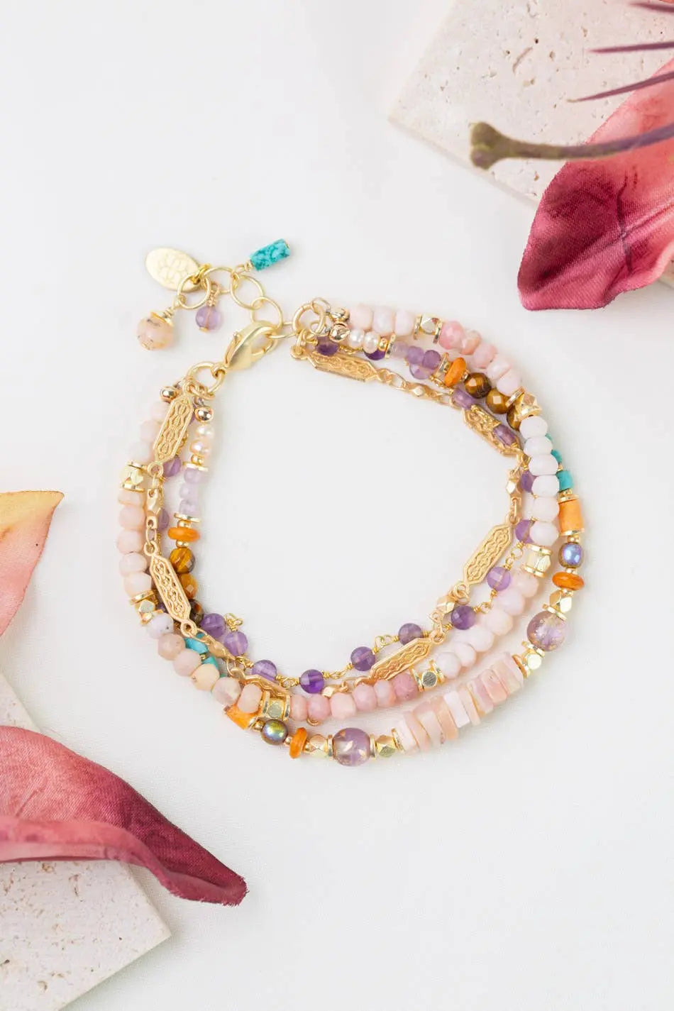 Joy 7.5-8.5" Pink Opal, Amethyst, Turquoise Multistrand Bracelet Anne Vaughan Designs Jewelry