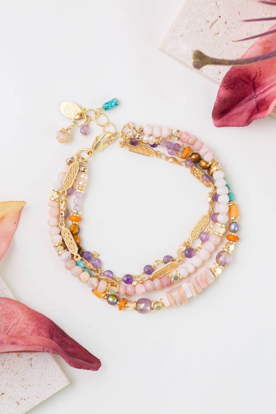 Joy 7.5-8.5" Pink Opal, Amethyst, Turquoise Multistrand Bracelet