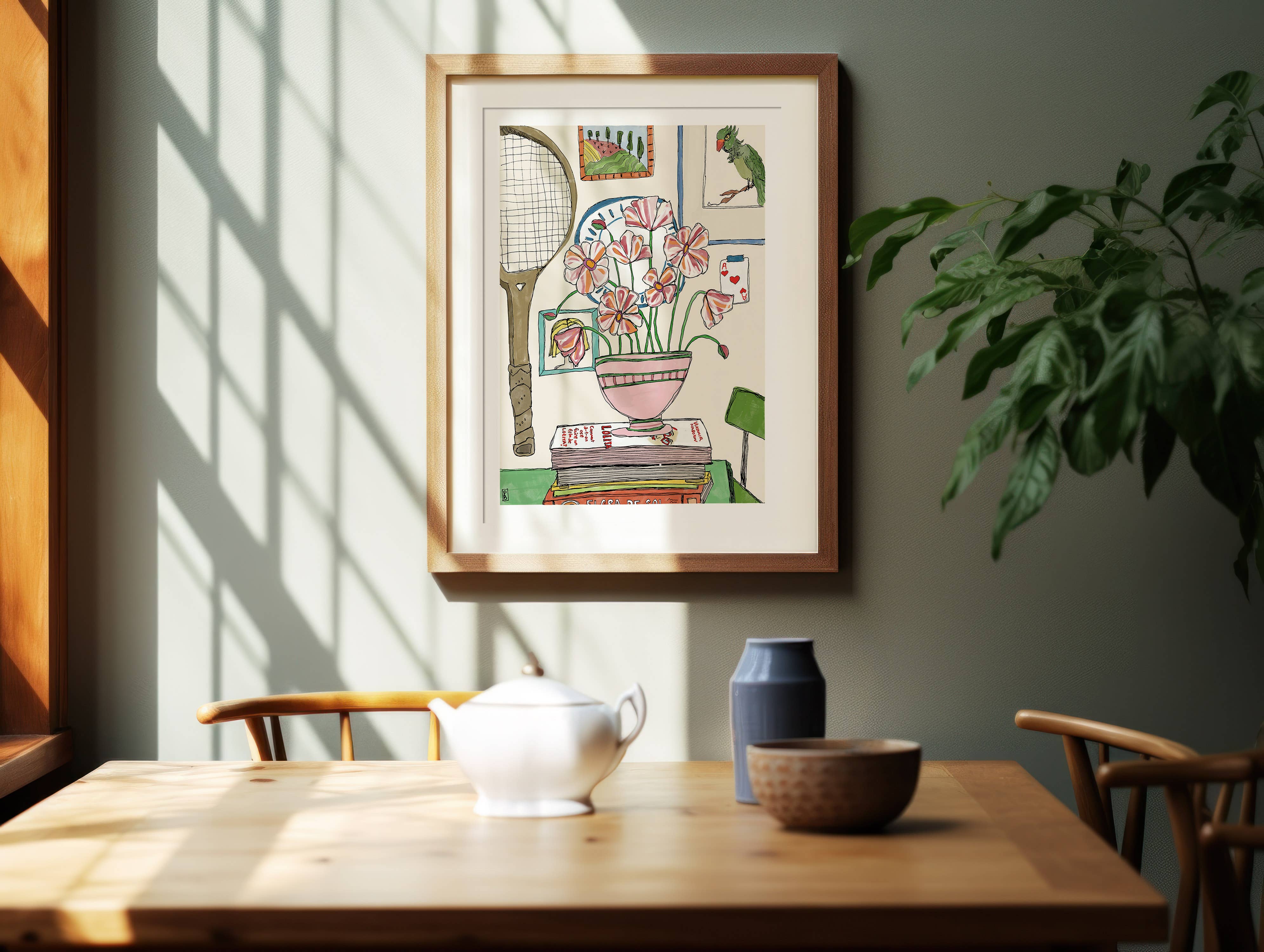 Pink Floral Still Life, Tennis Racket Botanical