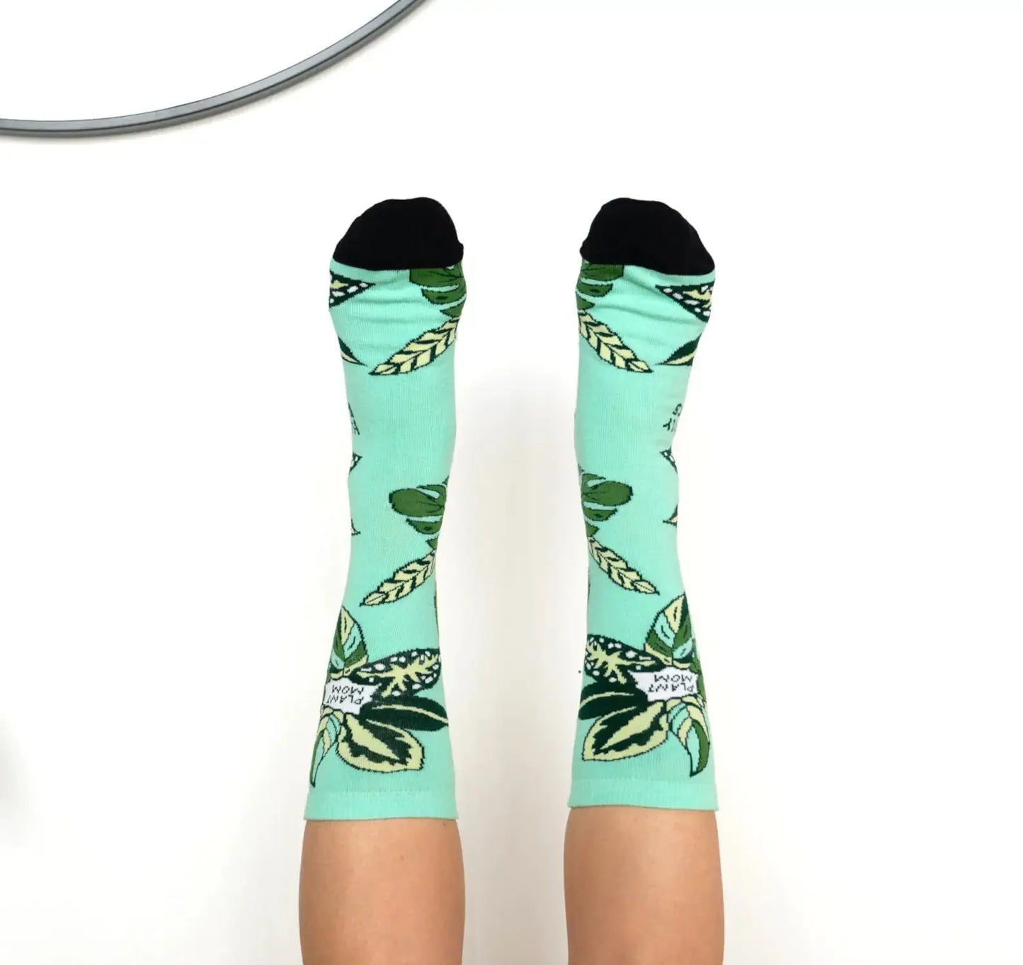 Teal Plant Mom Cotton Crew Socks, Plant Lover Happily Plants