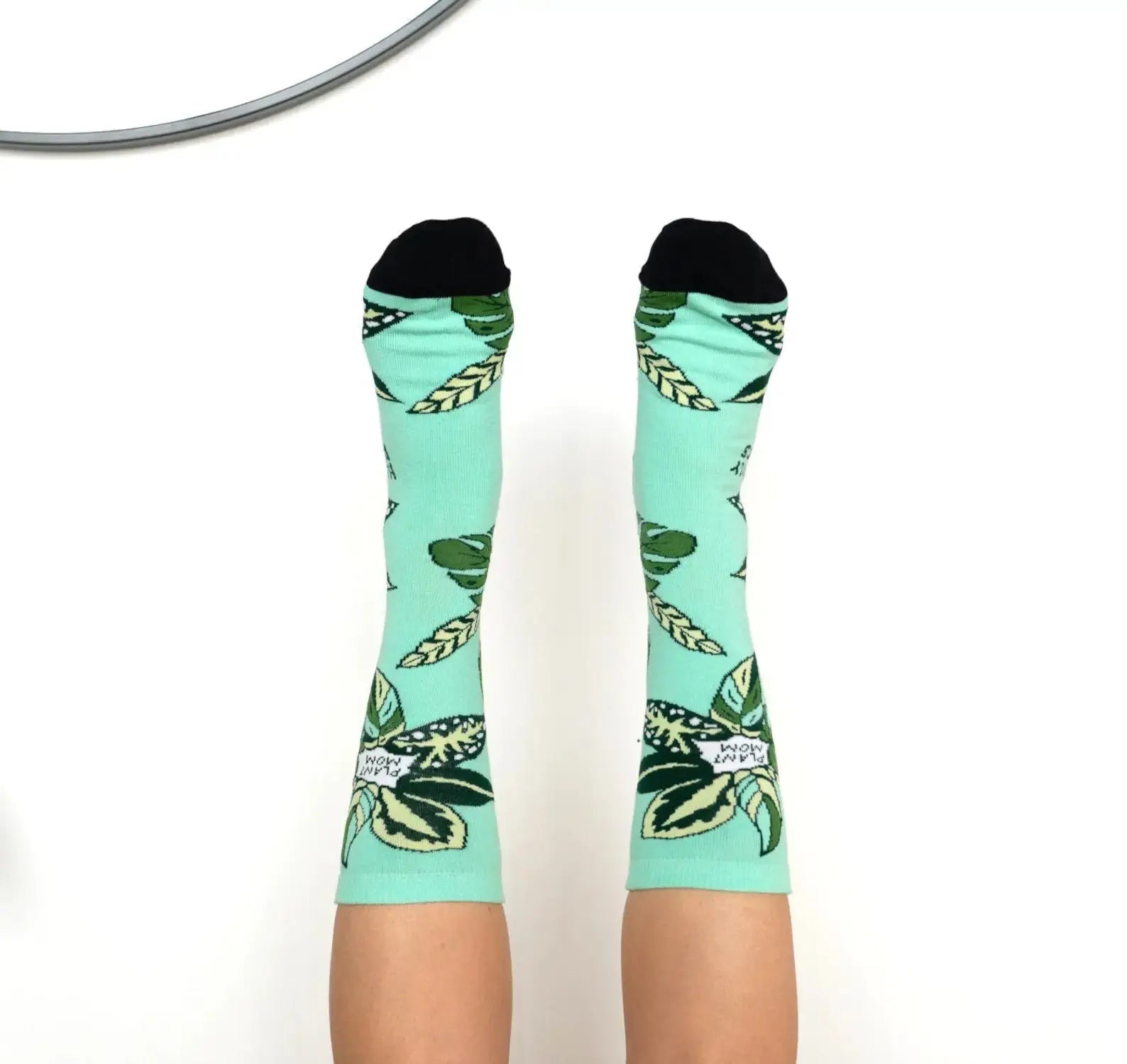 Teal Plant Mom Cotton Crew Socks, Plant Lover Happily Plants