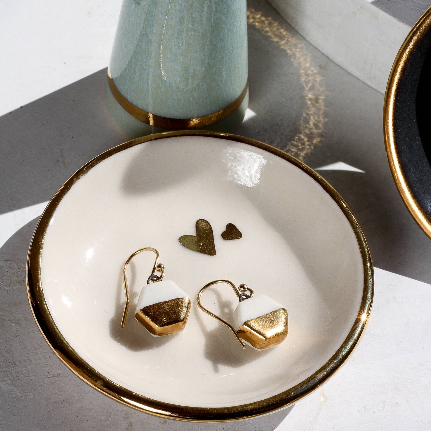 Double Heart Ring Dish | Handmade pottery with Gold Apricity Ceramics