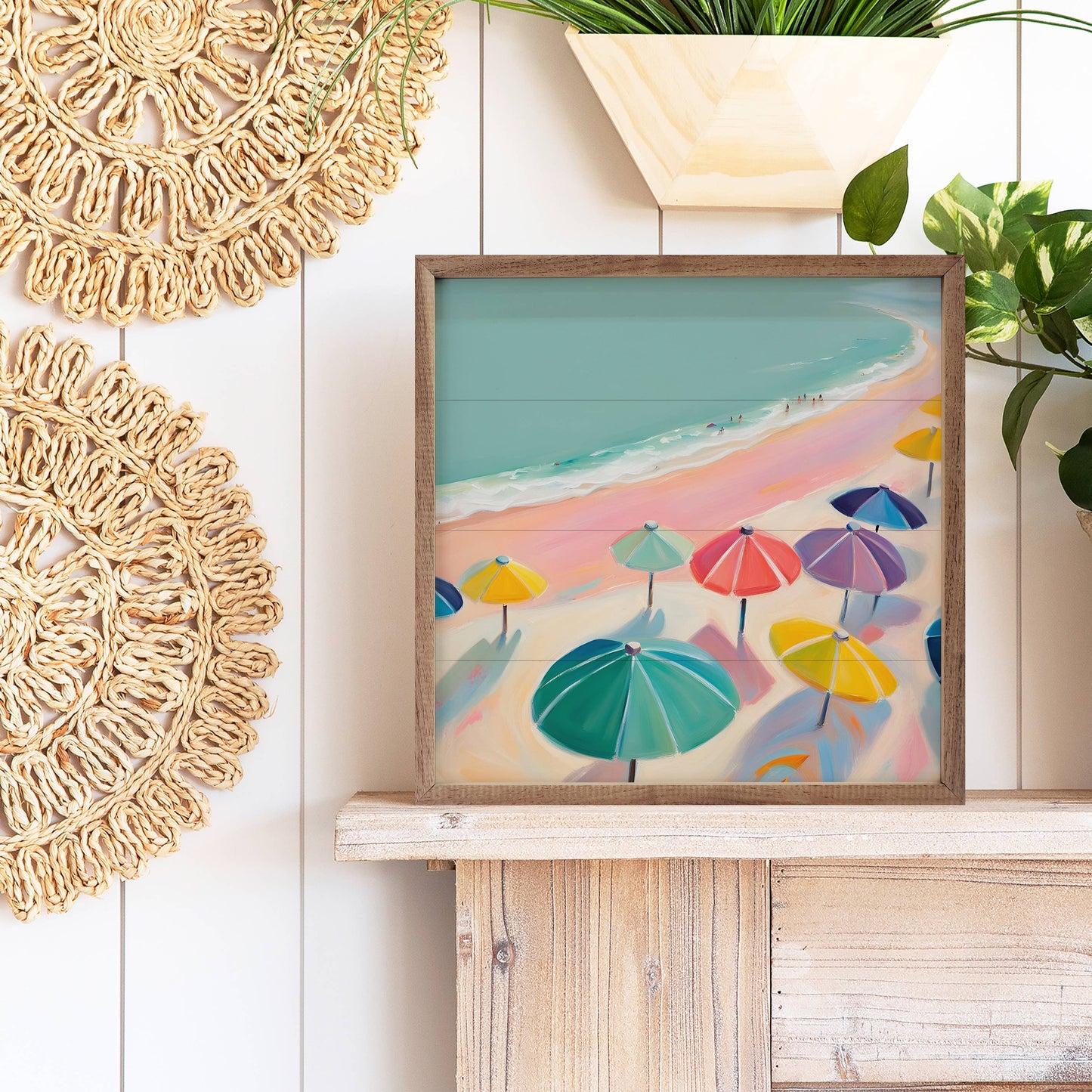 Pink Beach With Umbrellas