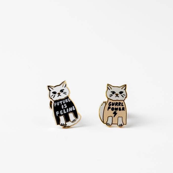 Girl Power Earrings - Gold Cat Statement Studs Yellow Owl Workshop