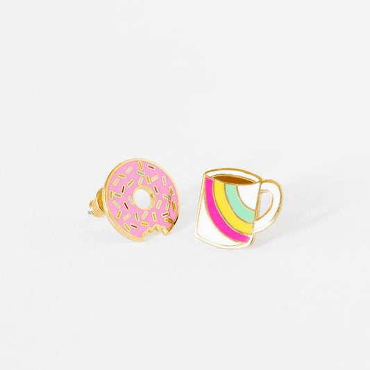 Coffee and Donut Earrings - Gold Breakfast Statement Studs Yellow Owl Workshop