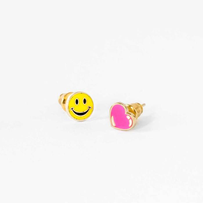 Happy Face and Heart Earrings - Gold Smiley Face Studs