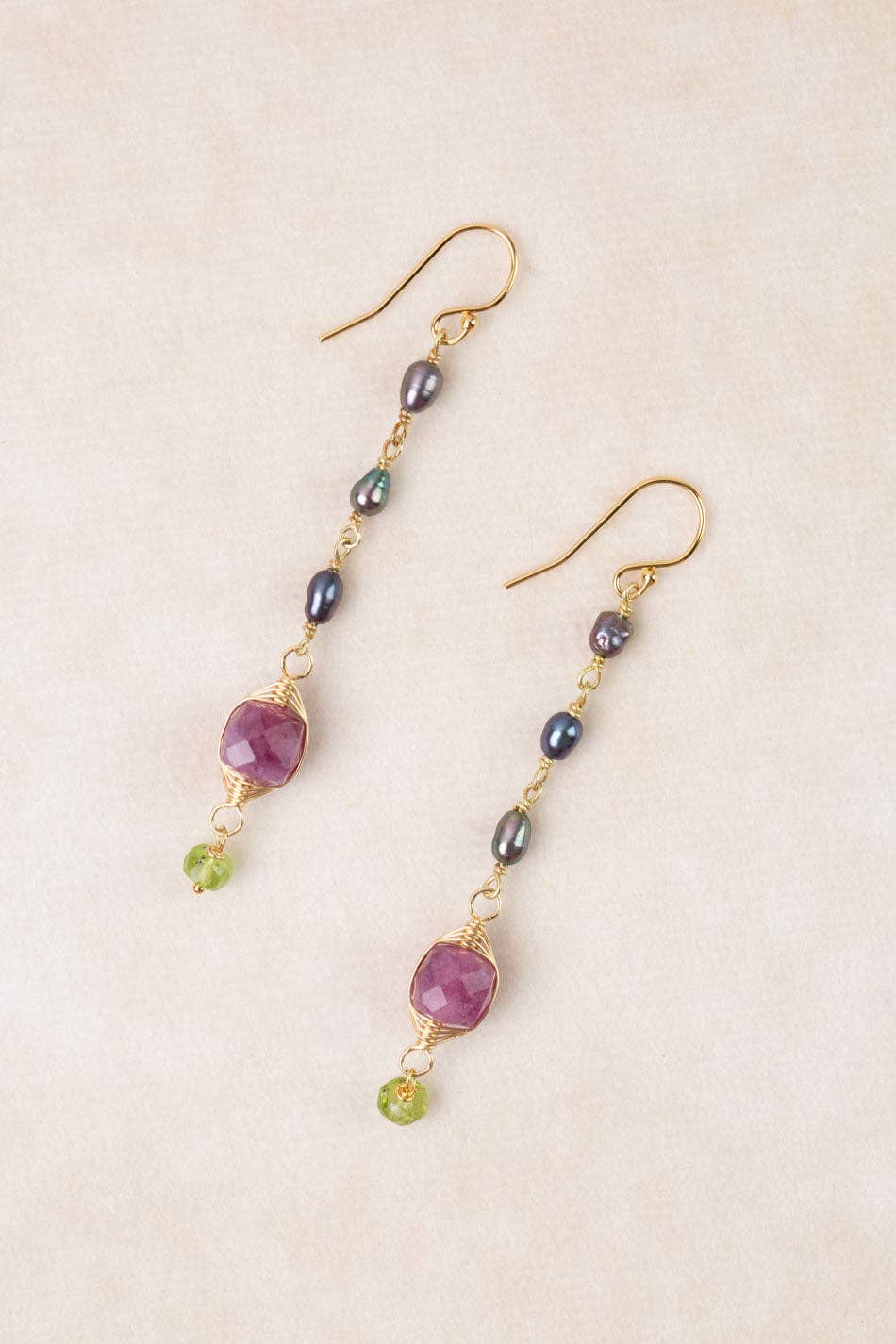 Persephone Ruby, Freshwater Pearl, Peridot Herringbone Earrings