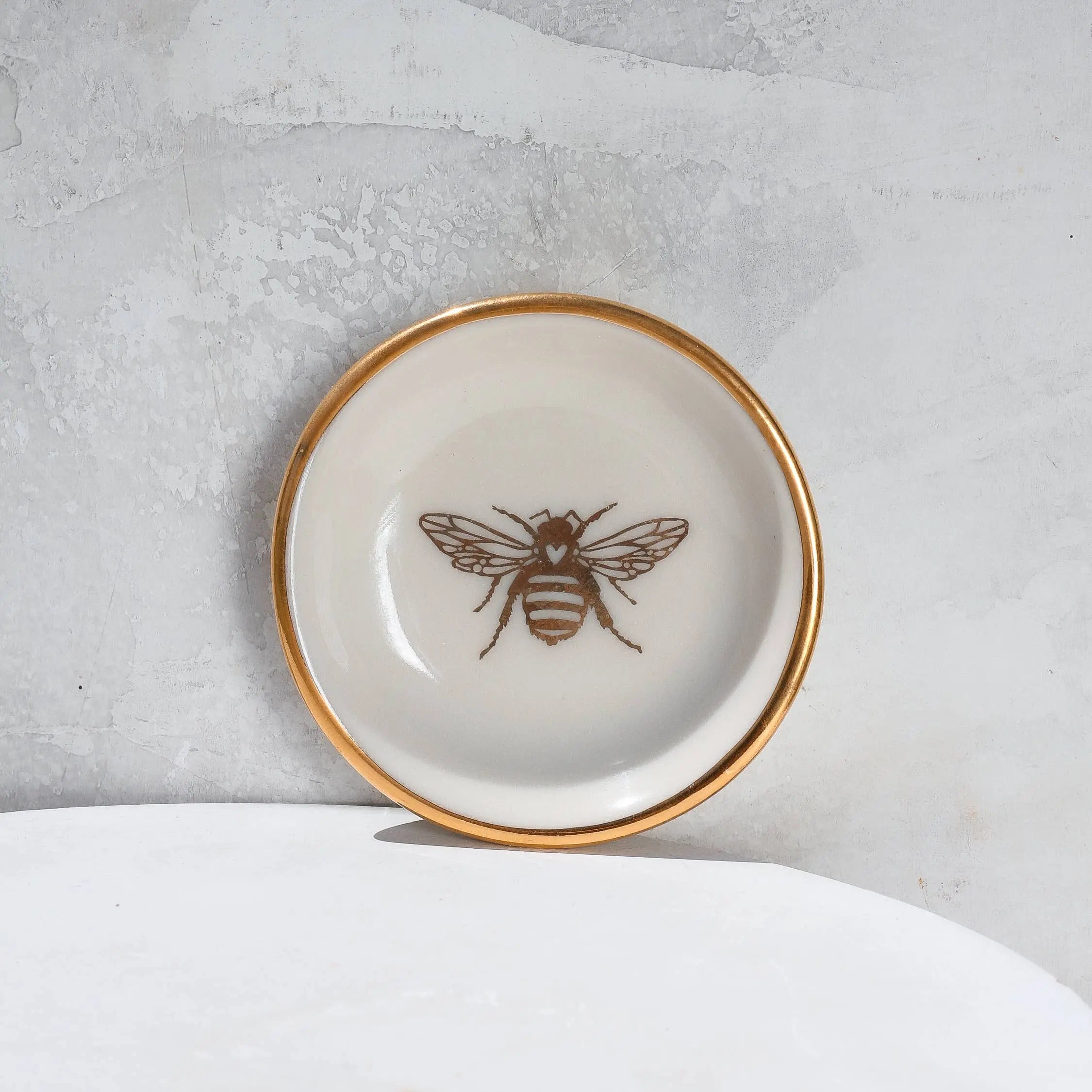 Gold Bee Ring Dish | Handmade Pottery Trinket Dish (white) Apricity Ceramics