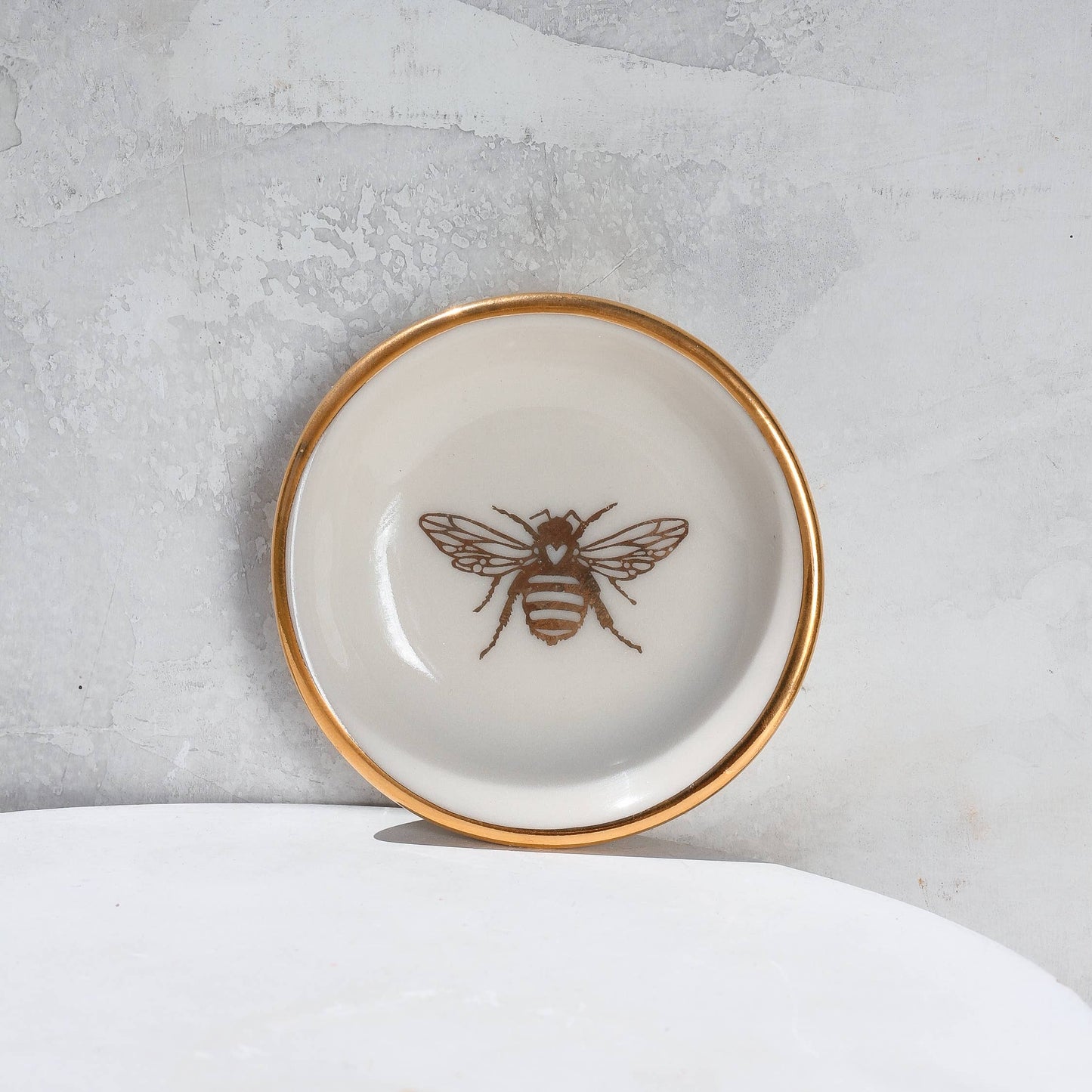 Gold Bee Ring Dish | Handmade Pottery Trinket Dish (white) Apricity Ceramics