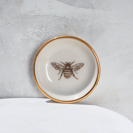 Gold Bee Ring Dish | Handmade Pottery Trinket Dish (white) Apricity Ceramics