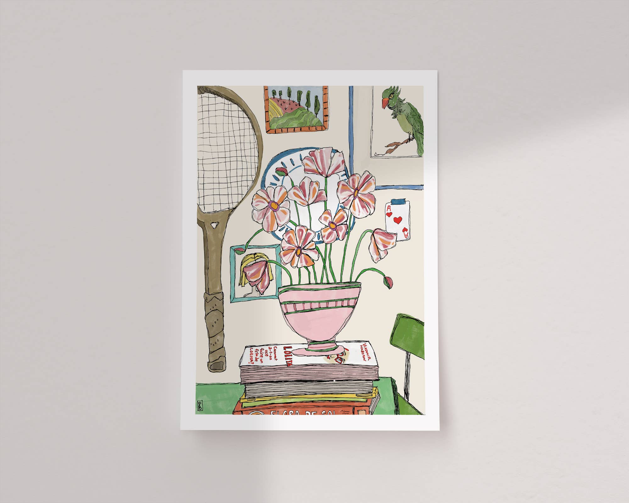 Pink Floral Still Life, Tennis Racket Botanical