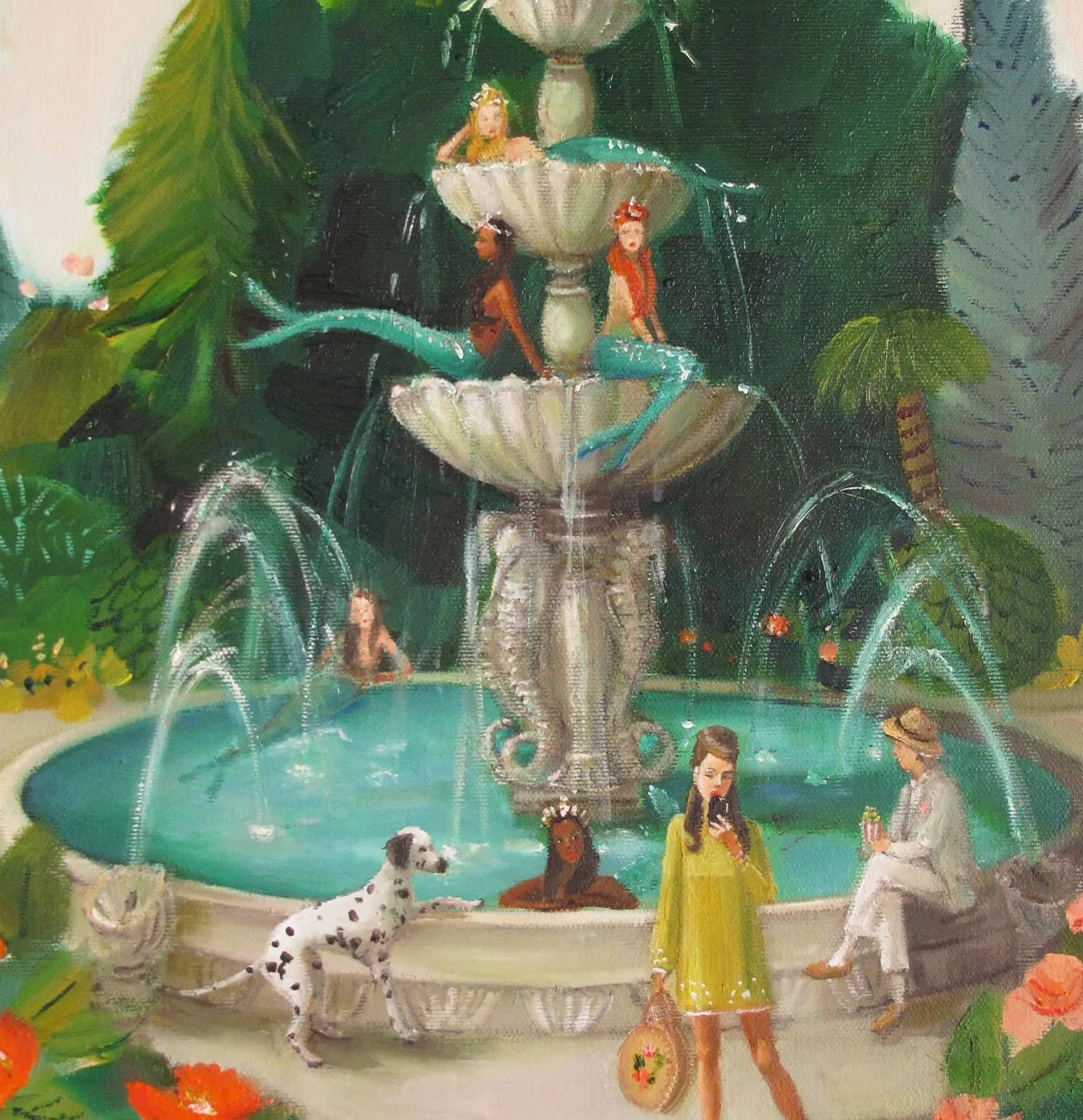 Selfie At The Mermaid Public Fountain Art Print - 8.5" X 11" JANET HILL STUDIO