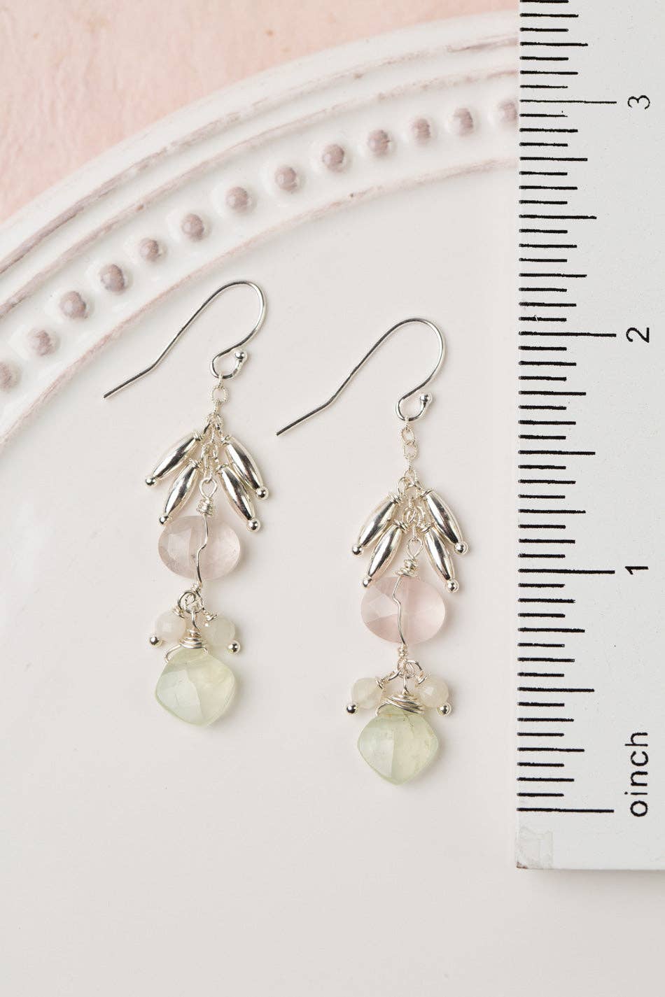 Fae Faceted Prehnite With Faceted Rose Quartz And Sterling Silver Accent Beads Cluster Earrings