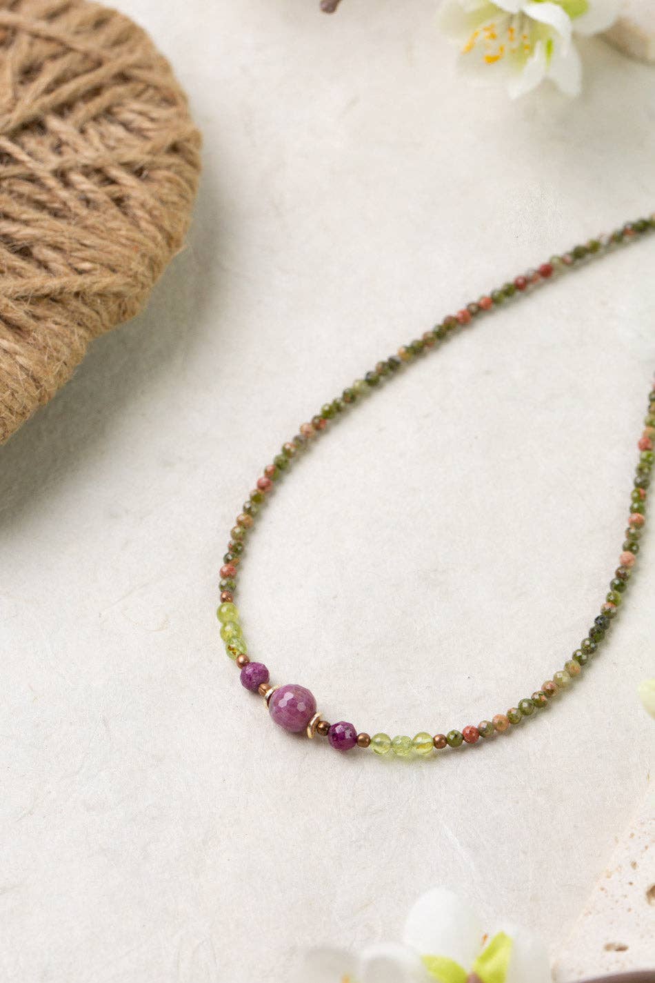 Dominion 15.5-17.5" Unakite, Peridot, Ruby Simple Necklace