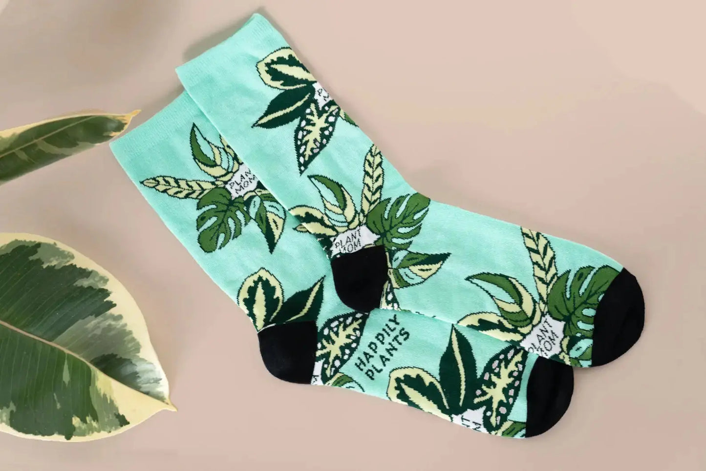 Teal Plant Mom Cotton Crew Socks, Plant Lover Happily Plants
