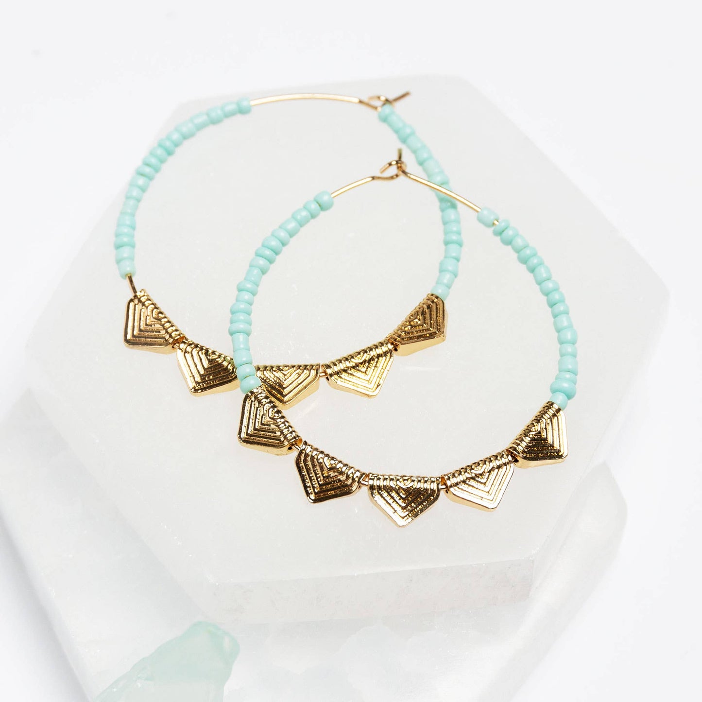 Earrings Aqua & Gold Bead Filigree Hoop