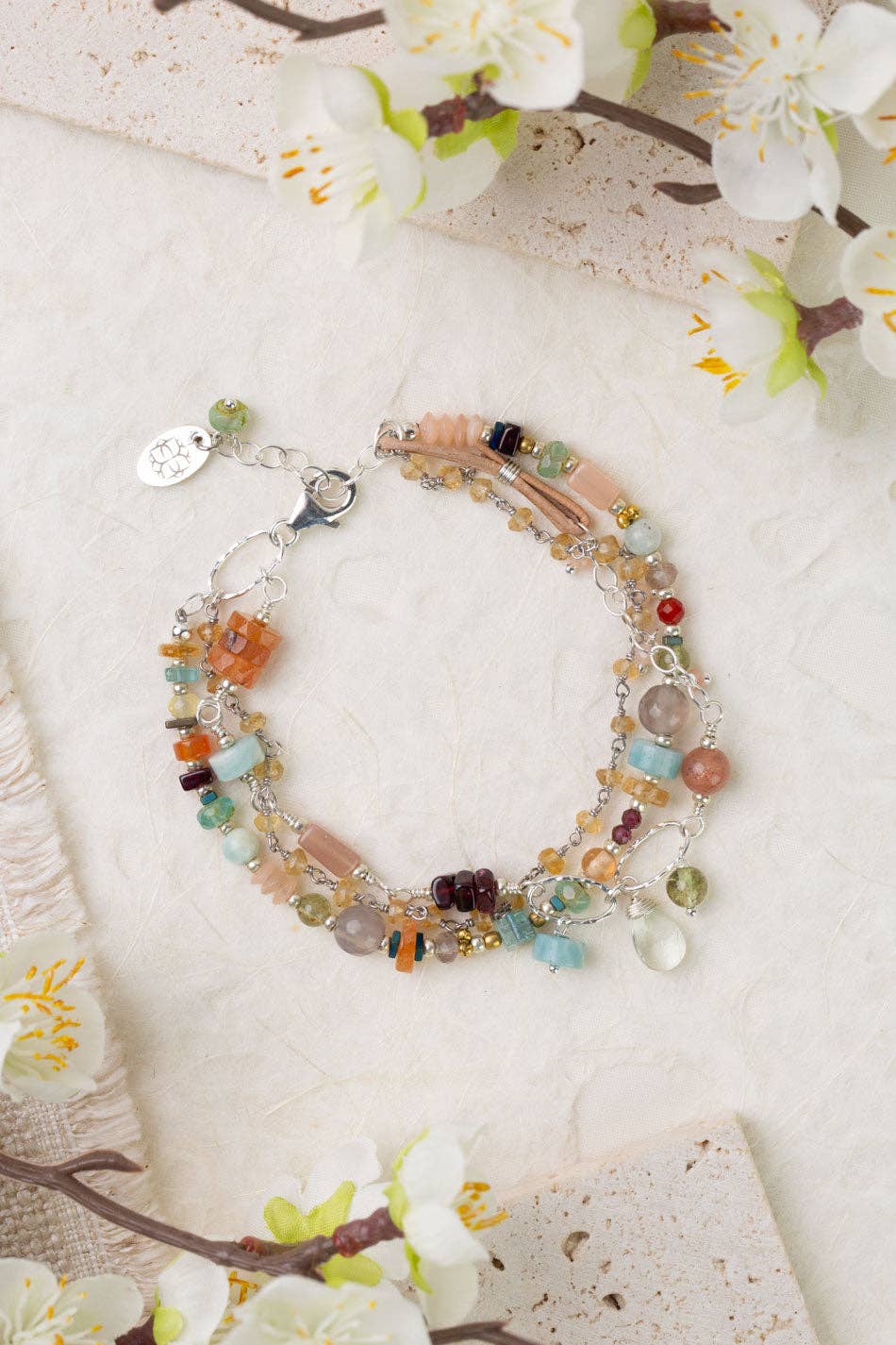 Gentle Breeze 7.5-8.5" Peach Moonstone, Carnelian, Apatite Multistrand Bracelet