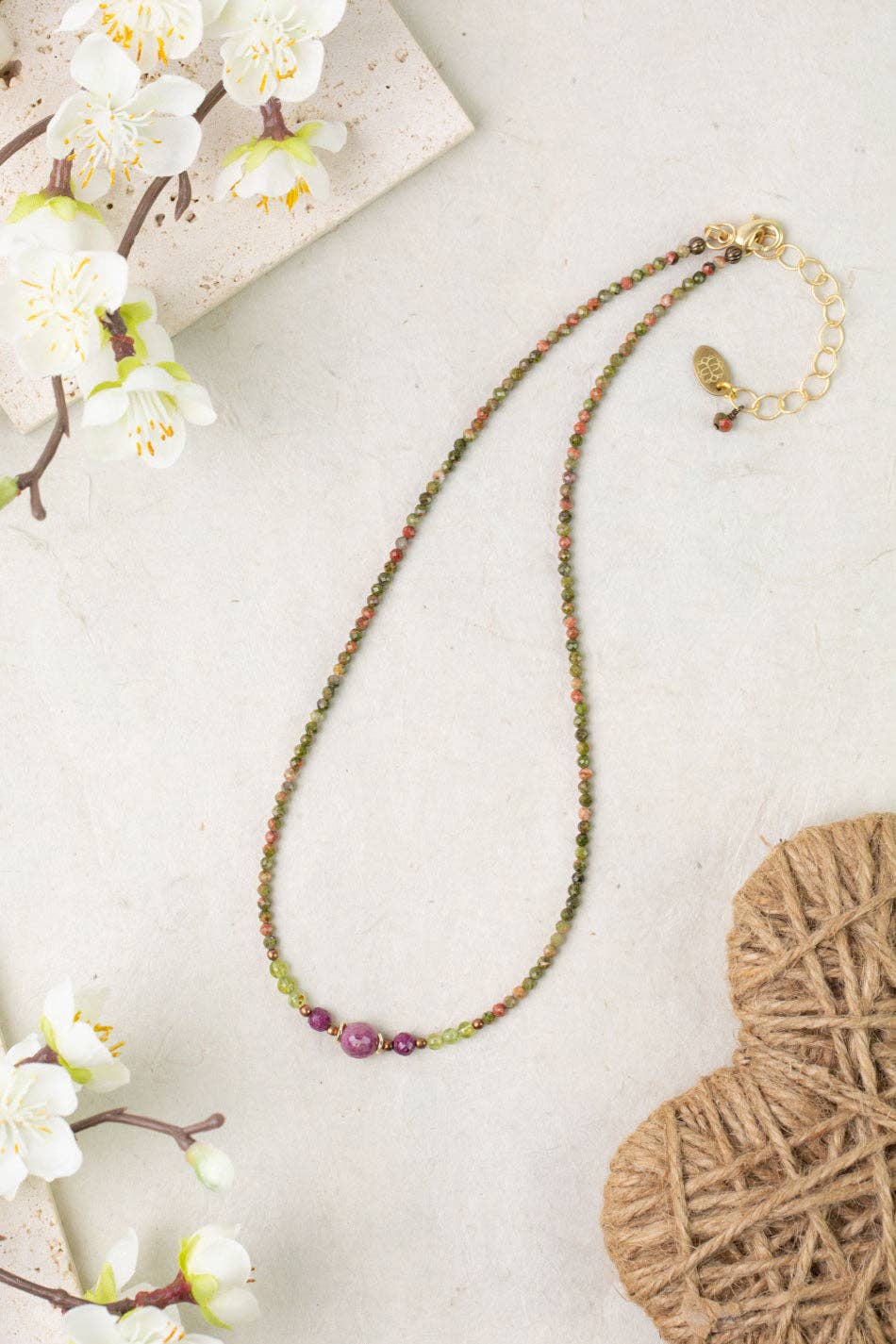 Dominion 15.5-17.5" Unakite, Peridot, Ruby Simple Necklace