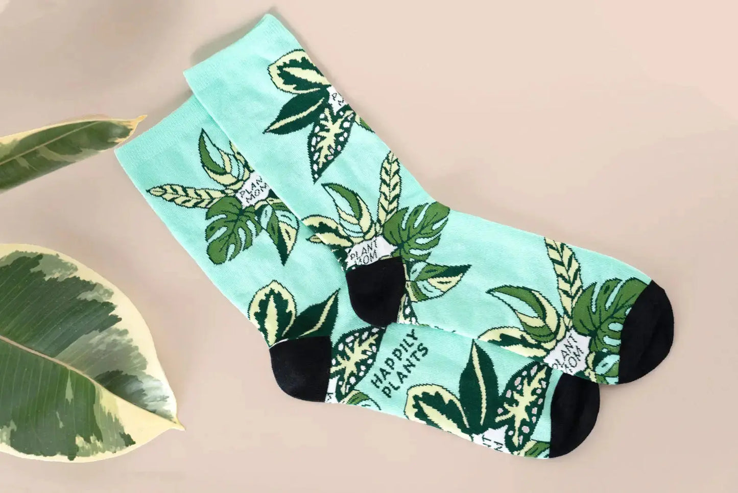 Teal Plant Mom Cotton Crew Socks, Plant Lover Happily Plants