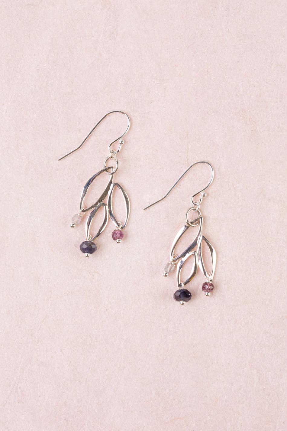 Celestial Sterling Silver Leaf, Spinel Simple Earrings
