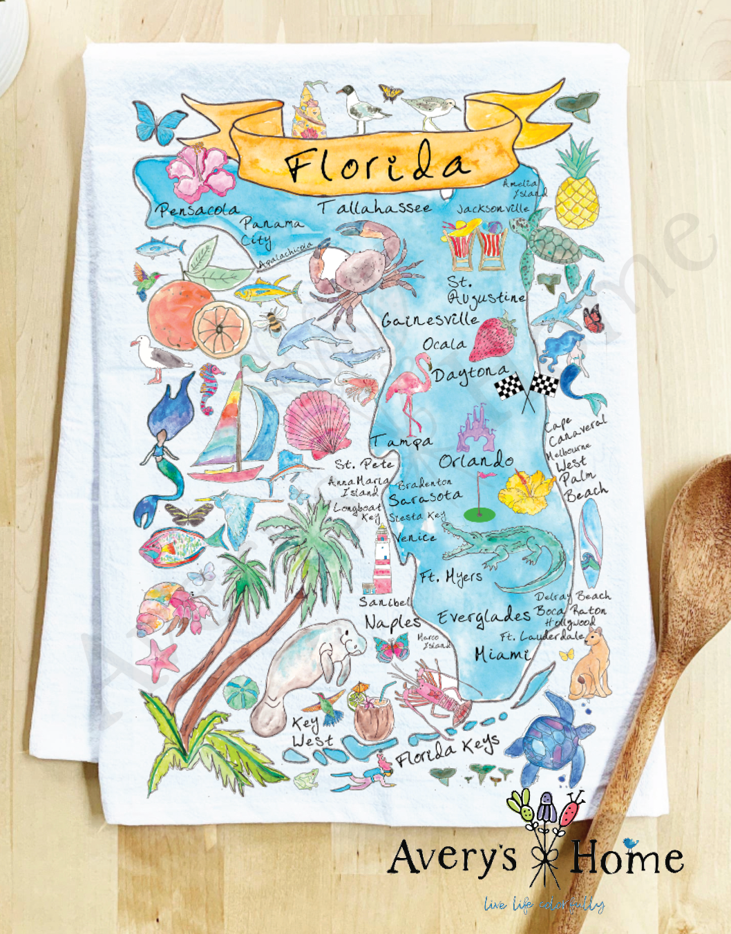 Florida State Map Beach Souvenir Coastal Tea Towel