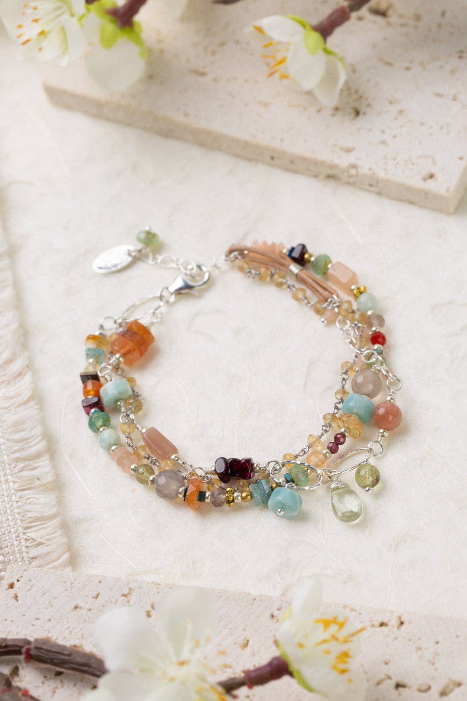 Gentle Breeze 7.5-8.5" Peach Moonstone, Carnelian, Apatite Multistrand Bracelet