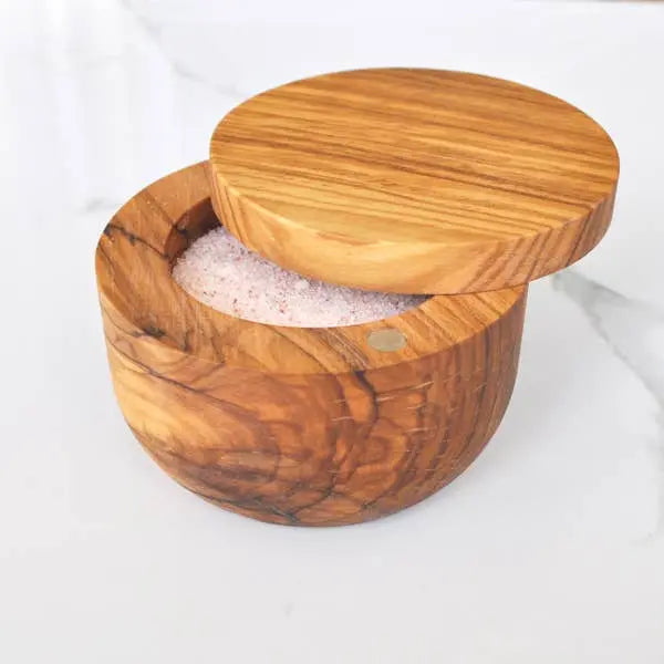 Olive Wood Salt Cellar With Pivoting Magnetic Lid Naturally Med Inc.