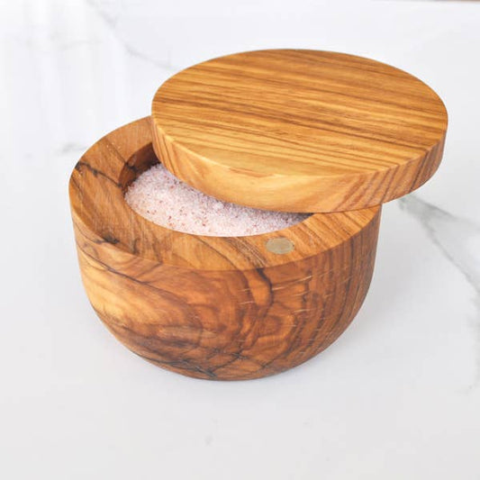 Olive Wood Salt Cellar With Pivoting Magnetic Lid Naturally Med Inc.