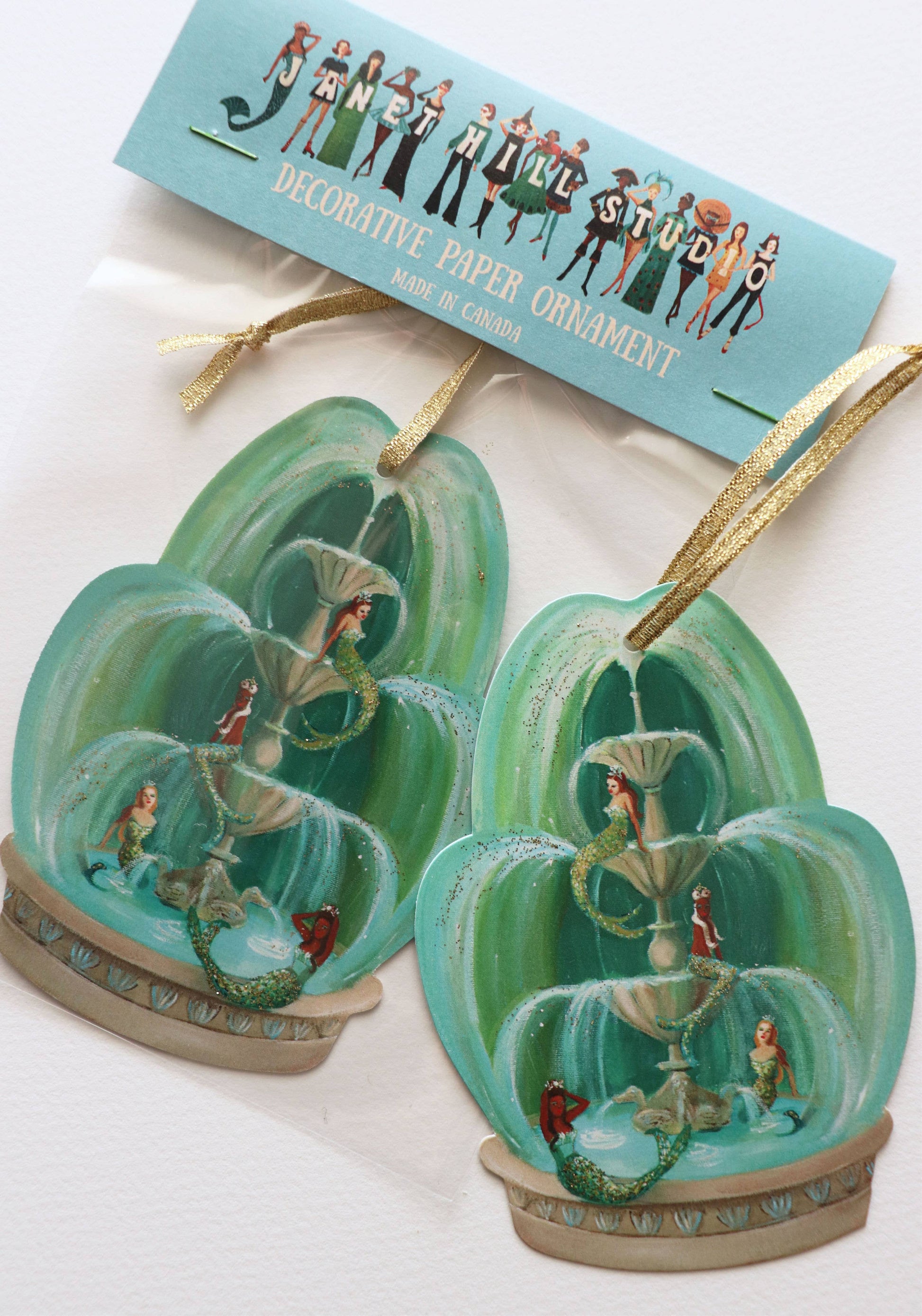 Mermaid Fountain Paper Ornament/ Gift Tag/ Die Cut JANET HILL STUDIO