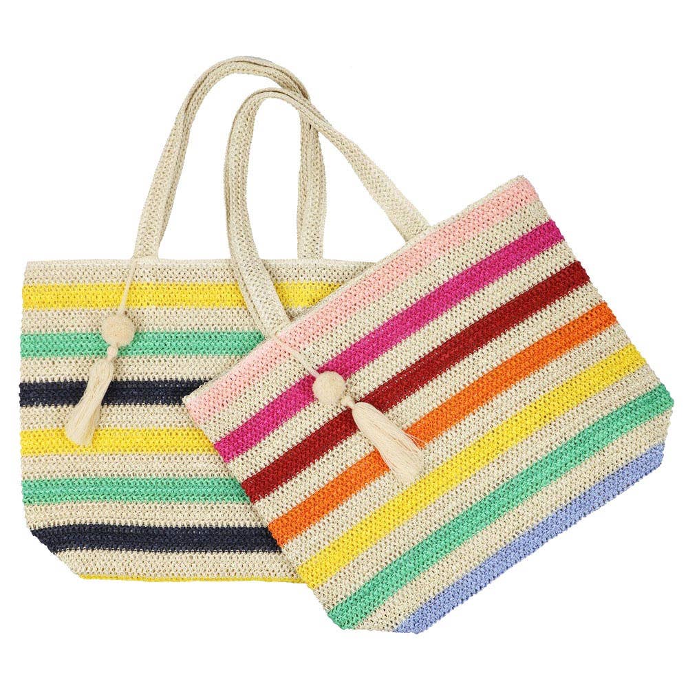 Pom Pom Tassel Multi Color Straw Crochet Tote Bag Beach Bag Sensibling Corp.