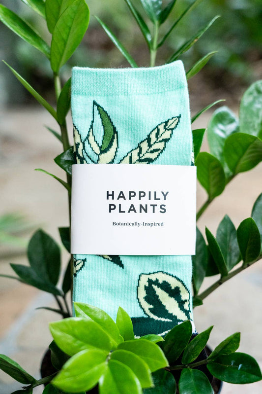 Teal Plant Mom Cotton Crew Socks, Plant Lover Happily Plants