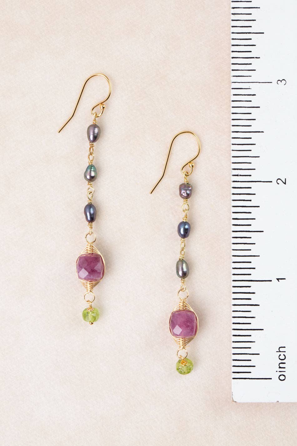 Persephone Ruby, Freshwater Pearl, Peridot Herringbone Earrings