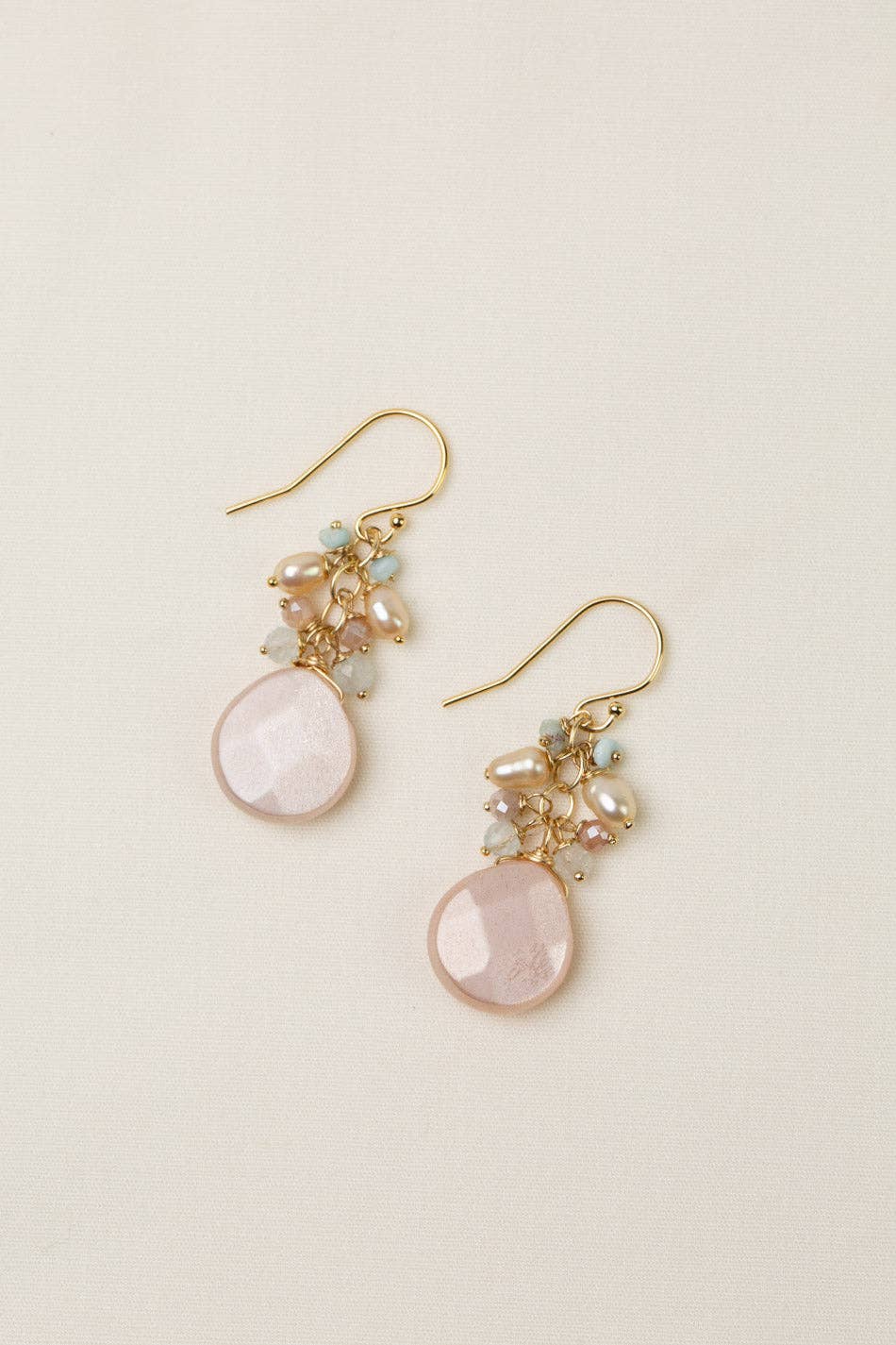 Solace Freshwater Pearl, Aquamarine With Moonstone Cluster Earrings Anne Vaughan Designs Jewelry