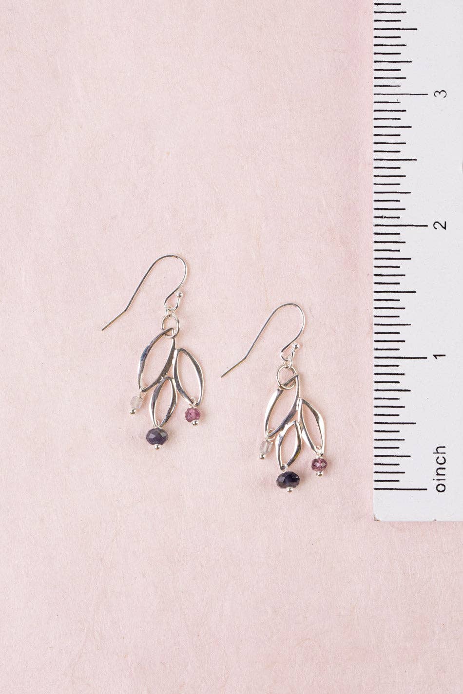 Celestial Sterling Silver Leaf, Spinel Simple Earrings