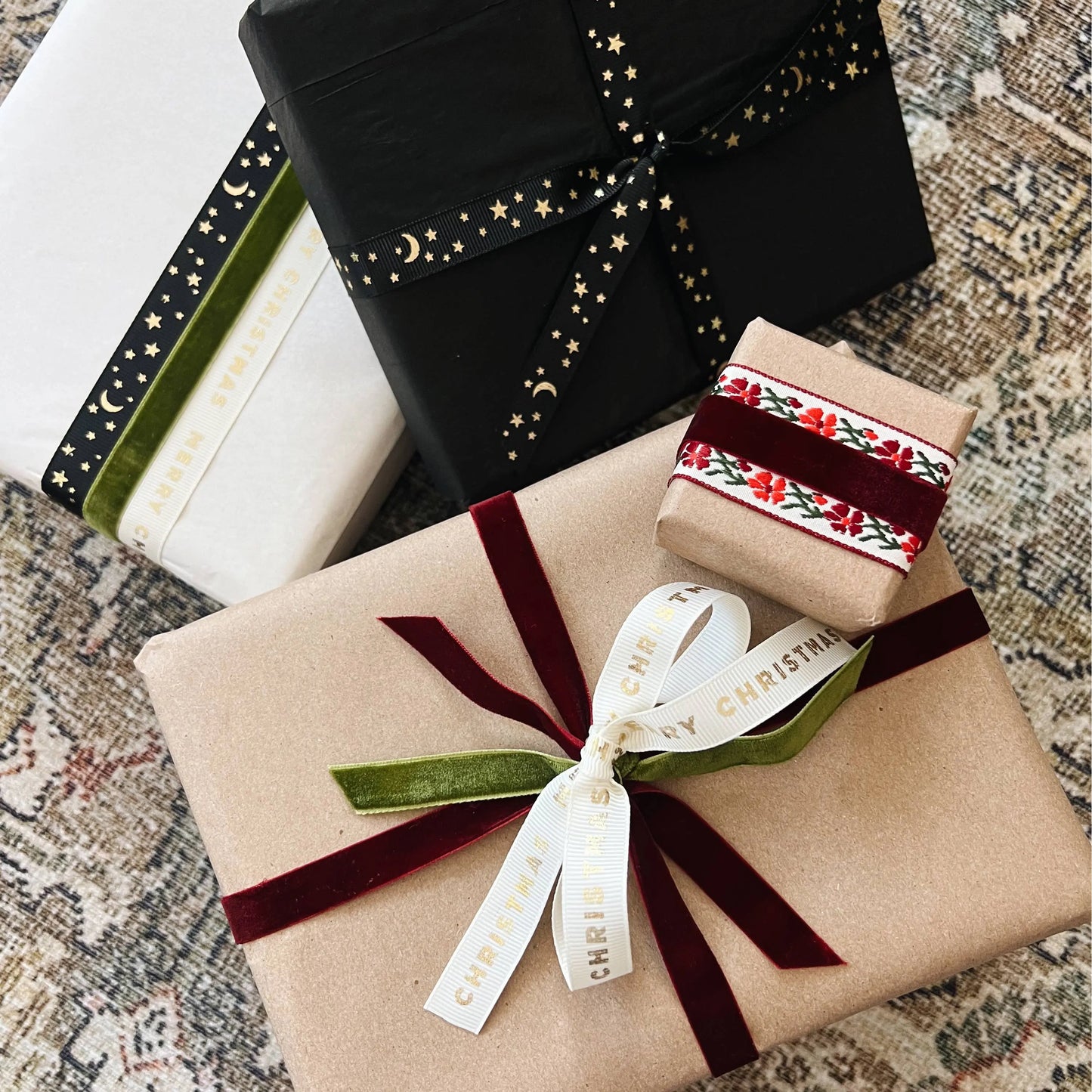 Merry Christmas Cream Grosgrain Ribbon with Gold Foil Abigail Jayne Design